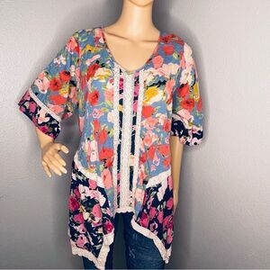 James Bryan Floral Patchwork Handkerchief Style Blouse Red Blue Pink White XL